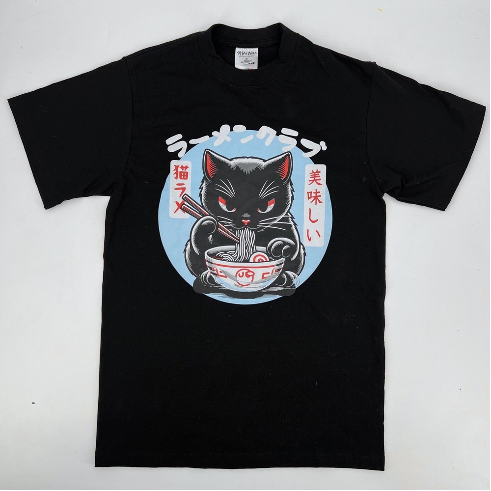 Shaka Wear 100% Cotton Heavyweight T-Shirt Black Size M Cat Eating Ramen KPop